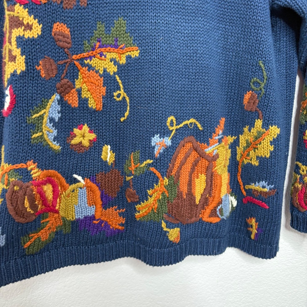 Vintage DBL Navy Blue Embroidered Pumpkin Fall Harvest Sweater Womens Large 1997 - Picture 4 of 7